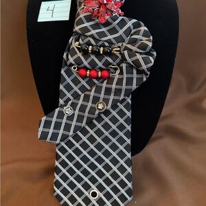 Black & White Checked Necktie with Red Accent Pins